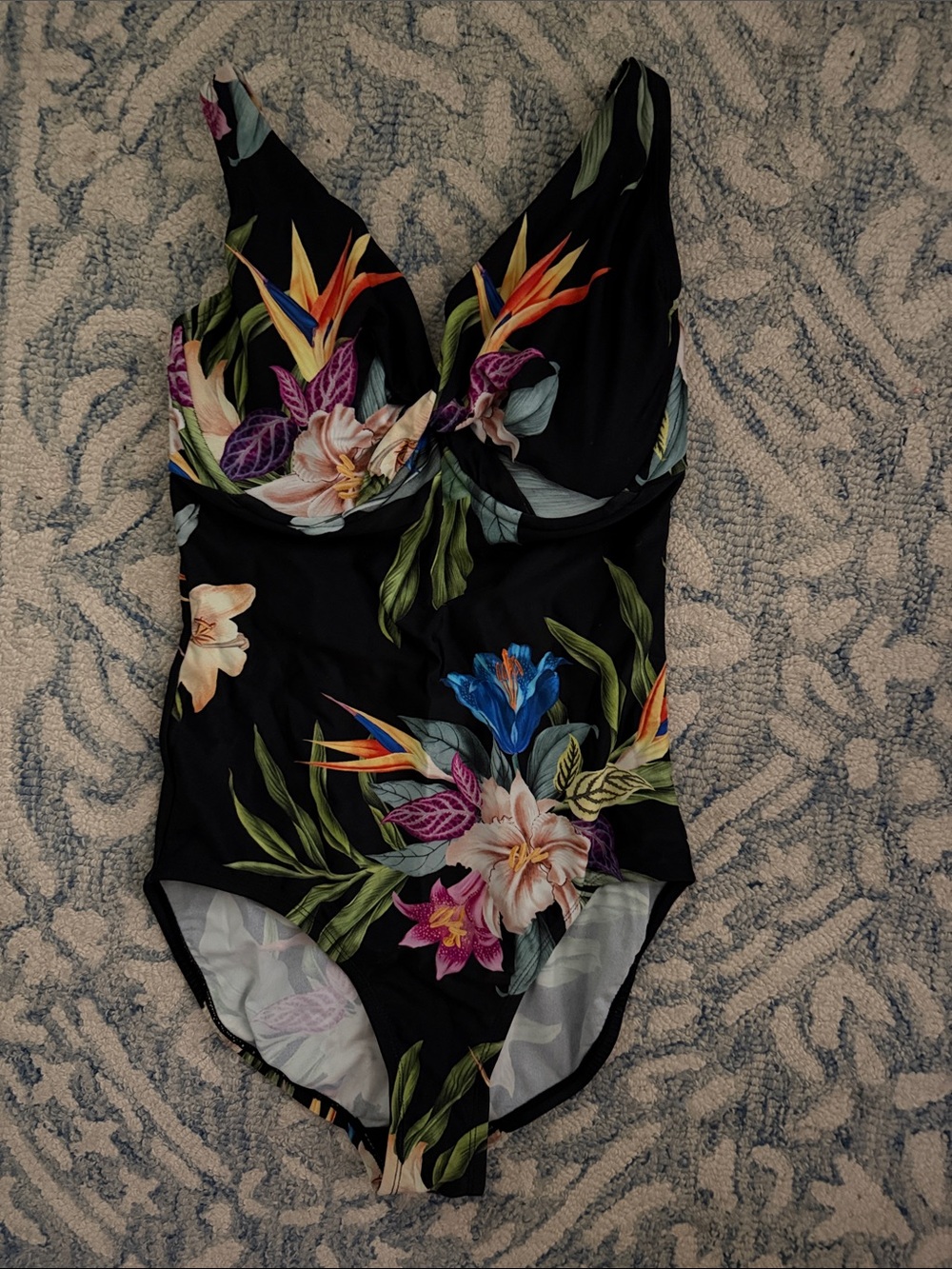 Kona Sol Black One-Piece Swimsuit with Tropical Floral Accents